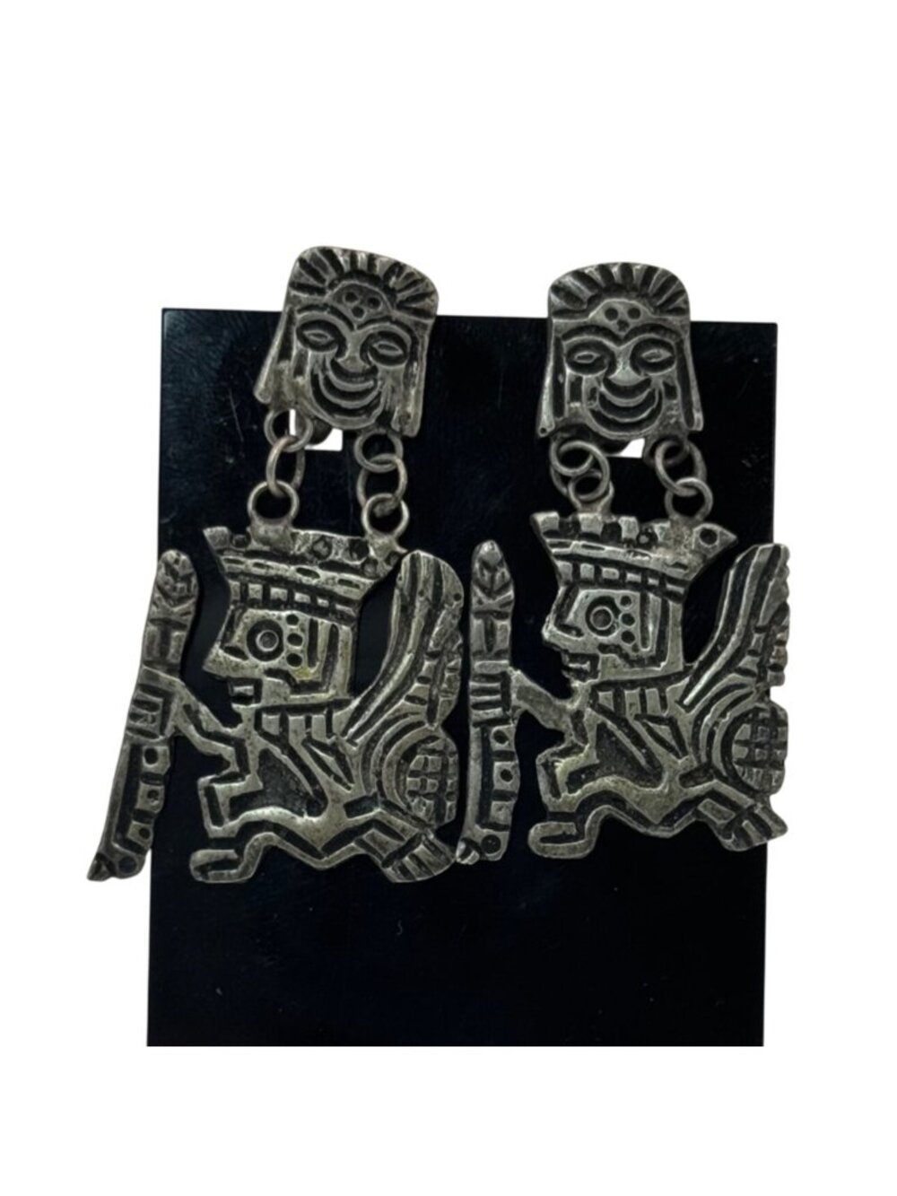 Peruvian Tribal Warrior Dangle Earrings 925 2" Sterling Silver Aztec Statement